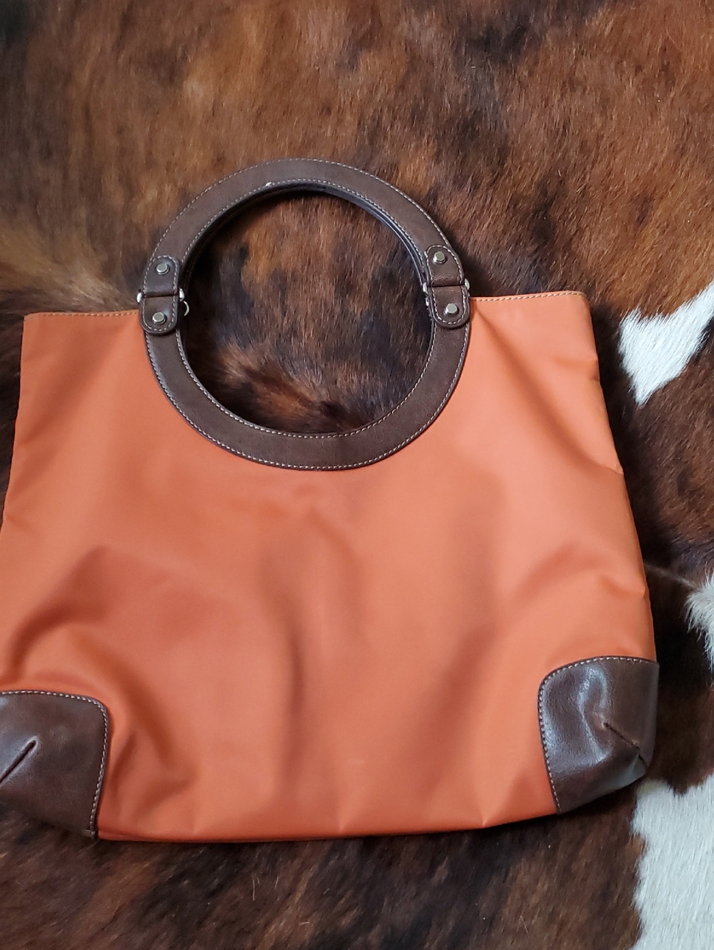 Women’s Orange Tote Bag with Brown Leather Handles